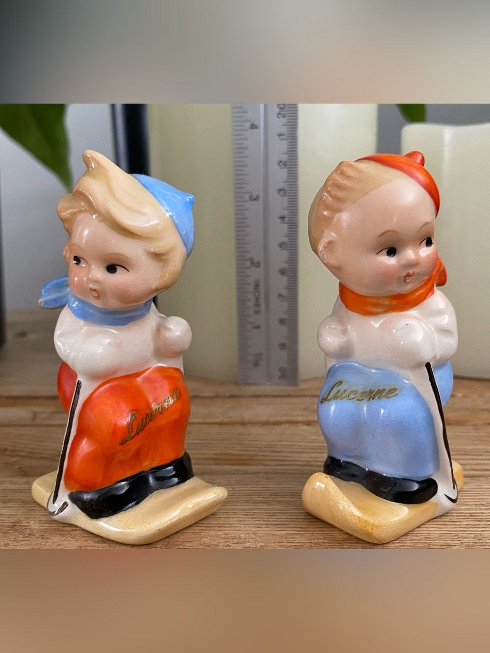 Vtg 1930s Goebel Skier Salt & Pepper Shakers Crown Mark TMK-1 Mold N/590 Lucerne